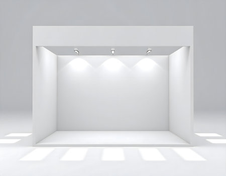 An empty, bright white retail display window with overhead spotlights and a distinct striped floor pattern.の素材