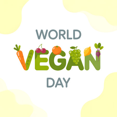 A cheerful graphic celebrates World Vegan Day with colorful fruits and vegetables spelling out the event's name.の素材