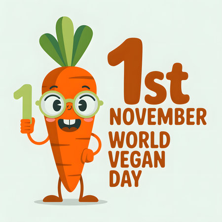 Celebrate World Vegan Day on November 1st with this cheerful cartoon carrot! Embrace a plant-based lifestyle.の素材