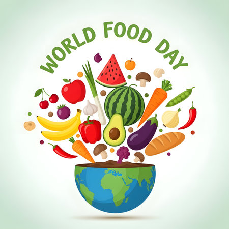 An illustration for World Food Day showcasing a vibrant bounty of fresh fruits, vegetables, and grains spilling out from a depiction of Earth.の素材