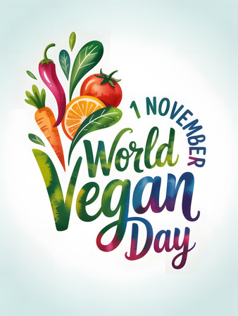 A colorful watercolor illustration celebrates World Vegan Day on November 1st with fresh fruits and vegetables, promoting a plant-based lifestyle.の素材