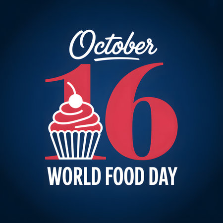 This image marks World Food Day on October 16th with a cheerful cupcake, emphasizing the importance of food security and nutrition worldwide.の素材