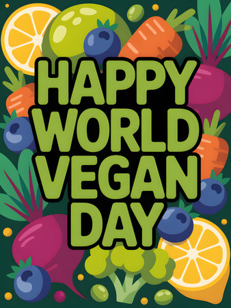 A colorful illustration celebrating World Vegan Day with a variety of fresh, vibrant fruits and vegetables, conveying a message of healthy and ethical eating.の素材