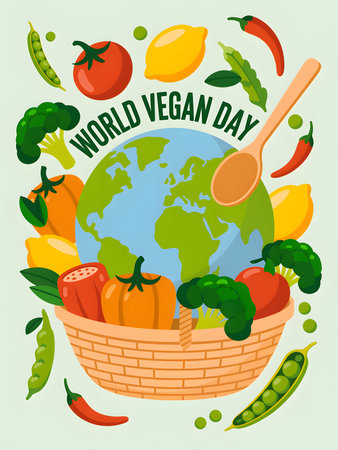 A colorful illustration celebrating World Vegan Day with a basket overflowing with fresh vegetables and fruits, signifying a global commitment to plant-based eating.の素材
