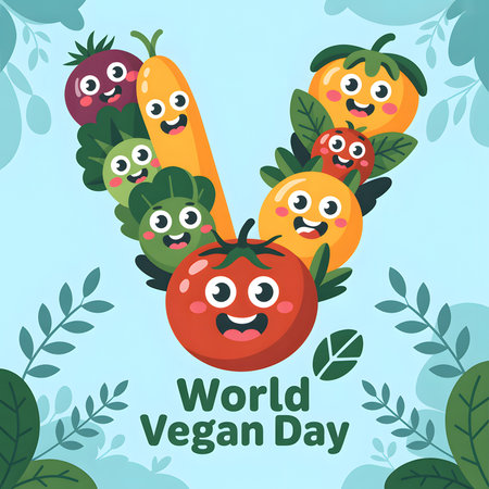 Celebrating World Vegan Day with a colorful and cheerful arrangement of smiling vegetables forming the letter 'V' to promote plant-based diets.の素材