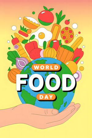 A vibrant illustration for World Food Day, depicting food items encircling the Earth, held in a supportive hand.の素材