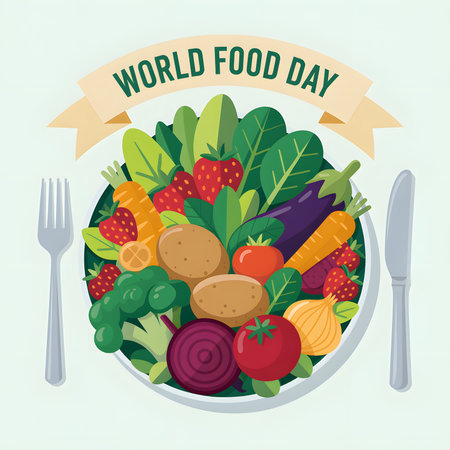 A colorful illustration for World Food Day showcases a bountiful plate of fresh fruits and vegetables, emphasizing healthy eating and global food awareness.の素材