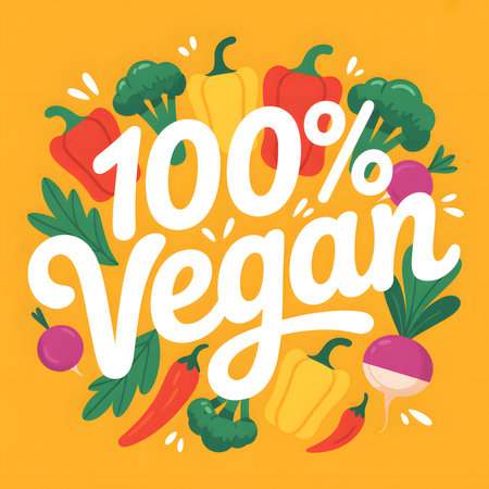 A cheerful and colorful illustration promoting a 100% vegan lifestyle, featuring fresh vegetables arranged around bold typography.の素材