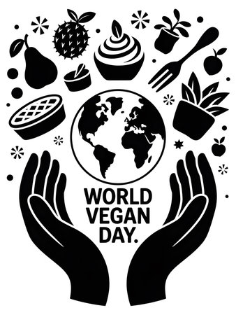 Celebrating World Vegan Day with a visual representation of global care, healthy food, and a thriving planet, promoting a compassionate vegan lifestyle.の素材