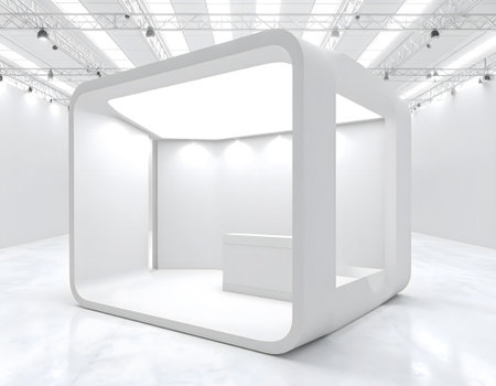 A contemporary, empty white exhibition booth with soft, rounded edges and integrated lighting, ready for product display and branding.の素材