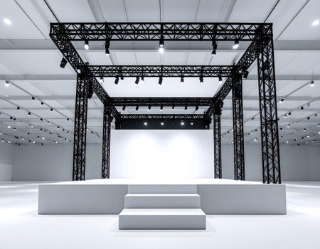A minimalist stage and podium setup with a black lighting truss structure in an empty, brightly lit indoor venue.の素材