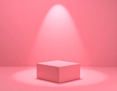A minimalistic pink cube pedestal sits under a soft spotlight on a seamless pink background, creating a focus point for presentation.の素材