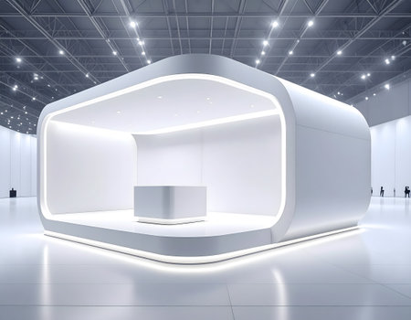 A sleek, futuristic white exhibition booth with seamless curves and integrated LED lighting, set in a spacious, modern venue.の素材