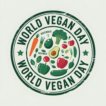 A circular stamp celebrating World Vegan Day, showcasing a colorful variety of fresh fruits and vegetables in the center.の素材