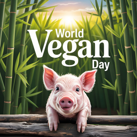 A delightful image for World Vegan Day featuring a smiling piglet amidst vibrant bamboo and a warm sunrise.の素材