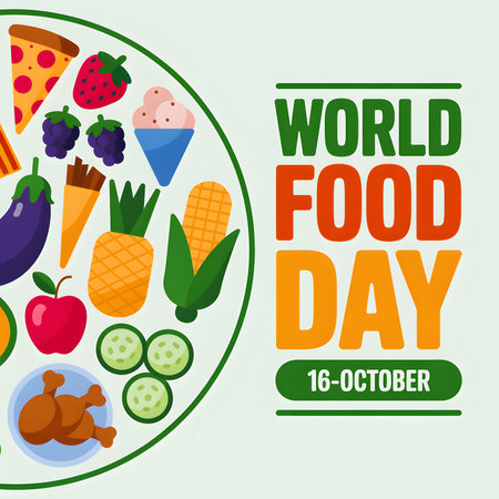 Celebrating World Food Day on October 16th with a colorful array of healthy foods and a message of global food security.の素材
