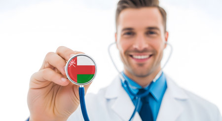 A smiling doctor wearing a white coat holds a stethoscope with Omanâs flag visibly displayed in the chestpiece.の素材