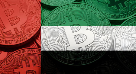 An artistic arrangement displays Bitcoin coins overlaid with the national flag of the United Arab Emirates.の素材