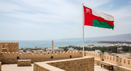 The Omani flag flies beautifully atop a stone fort, offering stunning views of the coastal city below.の素材