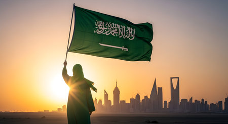 A person silhouetted against a vibrant sunset waves the green flag of Saudi Arabia before Riyadhâs skyline.の素材