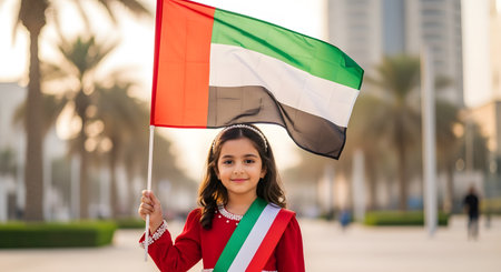 A young girl, beaming with pride, holds the UAE flag against a modern cityscape background.の素材