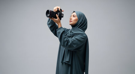 A young woman wearing a hijab thoughtfully operates a camera, focusing her gaze upwards with clear intent.の素材