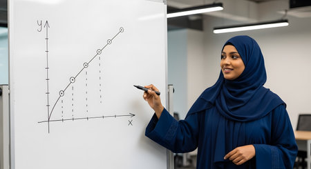 A woman wearing a hijab presents data analysis, pointing to a line graph on a whiteboard.の素材