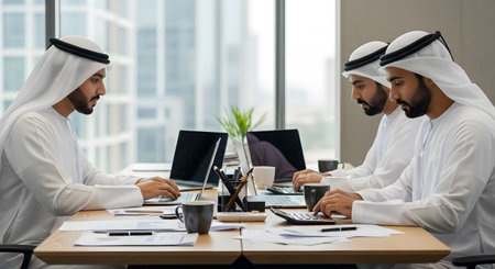 Three formally dressed Middle Eastern businessmen are intently collaborating during a focused office meeting, discussing business strategies.の素材