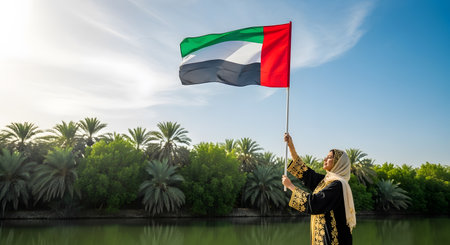 The UAE flag is being waved by a person wearing traditional clothing, set against a desert background.の素材