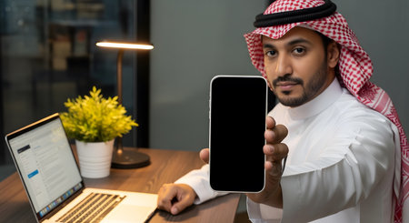 A young Middle Eastern man in traditional attire displays a mobile phone while working on his laptop indoors.の素材