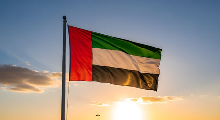 A vibrant image showcases the flag of the United Arab Emirates waving gently in the breeze at sunset.の素材