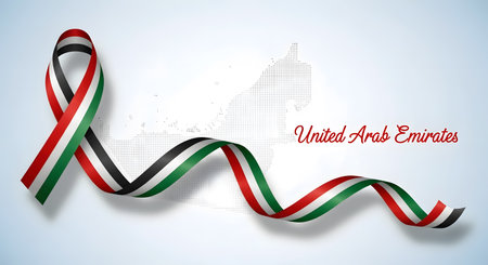 This image showcases a ribbon with the UAE flagâs colors and a faint city skyline in the background.の素材