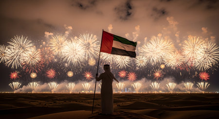 A silhouetted figure proudly waves the UAE flag during a vibrant fireworks celebration under a dark night sky.の素材