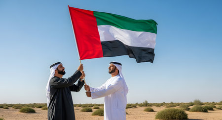Two men in traditional Emirati clothing proudly display the UAE flag in a sunny desert landscape.の素材