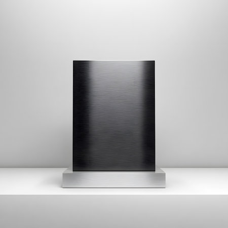 This modern art piece showcases a black and white vertical sculpture. It stands elegantly on a white surface in a studio.の素材