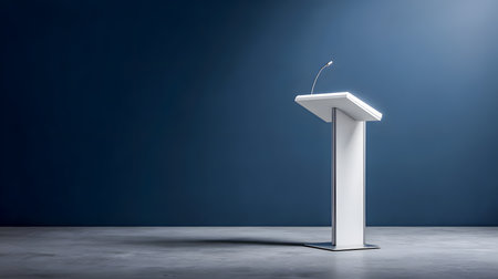 A modern, minimalist white podium stands alone against a gradient blue background. The simplicity conveys formality and professional presentation.の素材