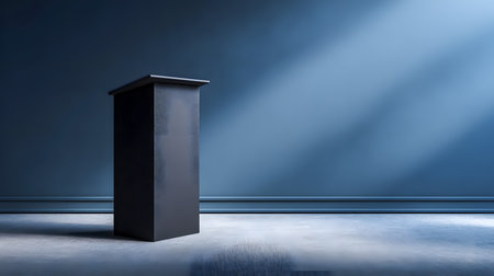 An artistic shot of a dark portable speaker sits in front of a softly blurred blue wall.の素材