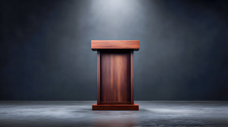 A polished wooden podium sits under a spotlight, ready for a speaker or product presentation in a studio setting.の素材