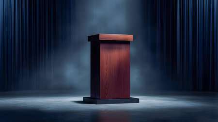 A wooden podium under a spotlight is ready for a captivating speech by a speaker.の素材