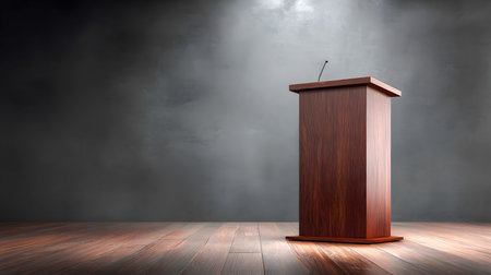 A wooden podium is bathed in a spotlight, creating an inviting and powerful presentation space.の素材