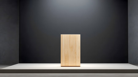 The image shows a sleek wooden podium against a dark background. It is a minimalist product showcase and presentation stage.の素材