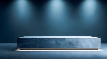 The image showcases a professionally lit chrome stage with spotlights, ideal for displaying products or providing a modern backdrop.の素材