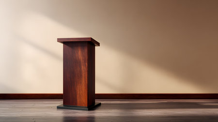 A solitary wooden podium stands on a stage, illuminated by the sunlight. Waiting for the next public speaker to present.の素材