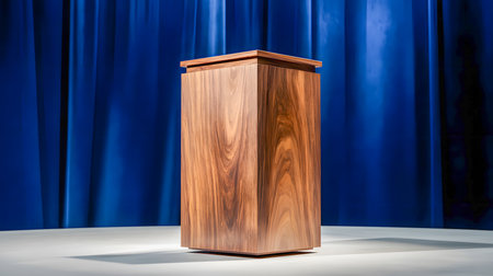 An elegant wooden lectern stands prominently in front of a vibrant blue stage curtain, creating a formal setting.の素材