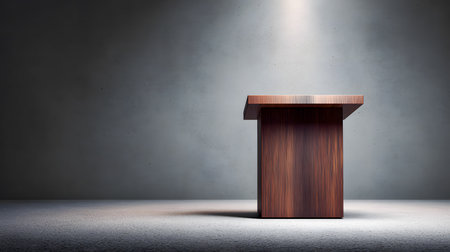 An empty wooden podium, illuminated by a spotlight, symbolizes power, authority, and the stage for public speaking.の素材