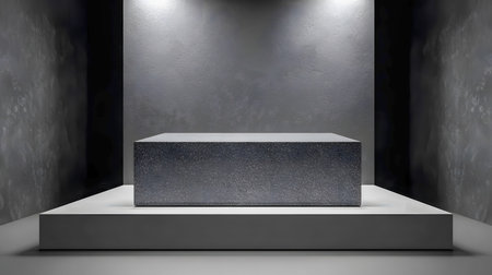 An intriguing black and white image of an object displayed in a museum, under dramatic spotlights, for exploration.の素材