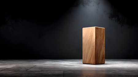 A wooden podium is illuminated by a spotlight in a dark, moody room, ideal for presentations.の素材