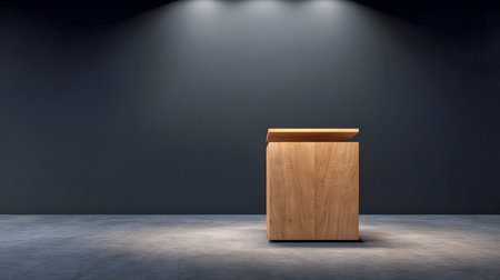 A modern wooden pedestal stands radiant in a spotlight, set against a dark wall, creating an eye-catching exhibition space.の素材