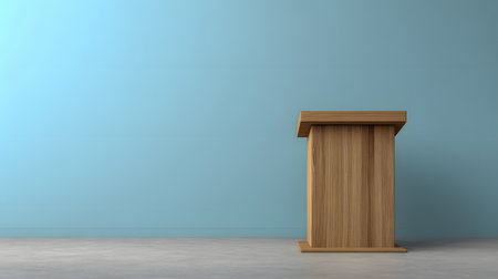Wooden podium in empty room with blue wall - 3d renderingの素材