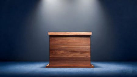 Wooden podium with spotlight on blue background. 3D Renderingの素材